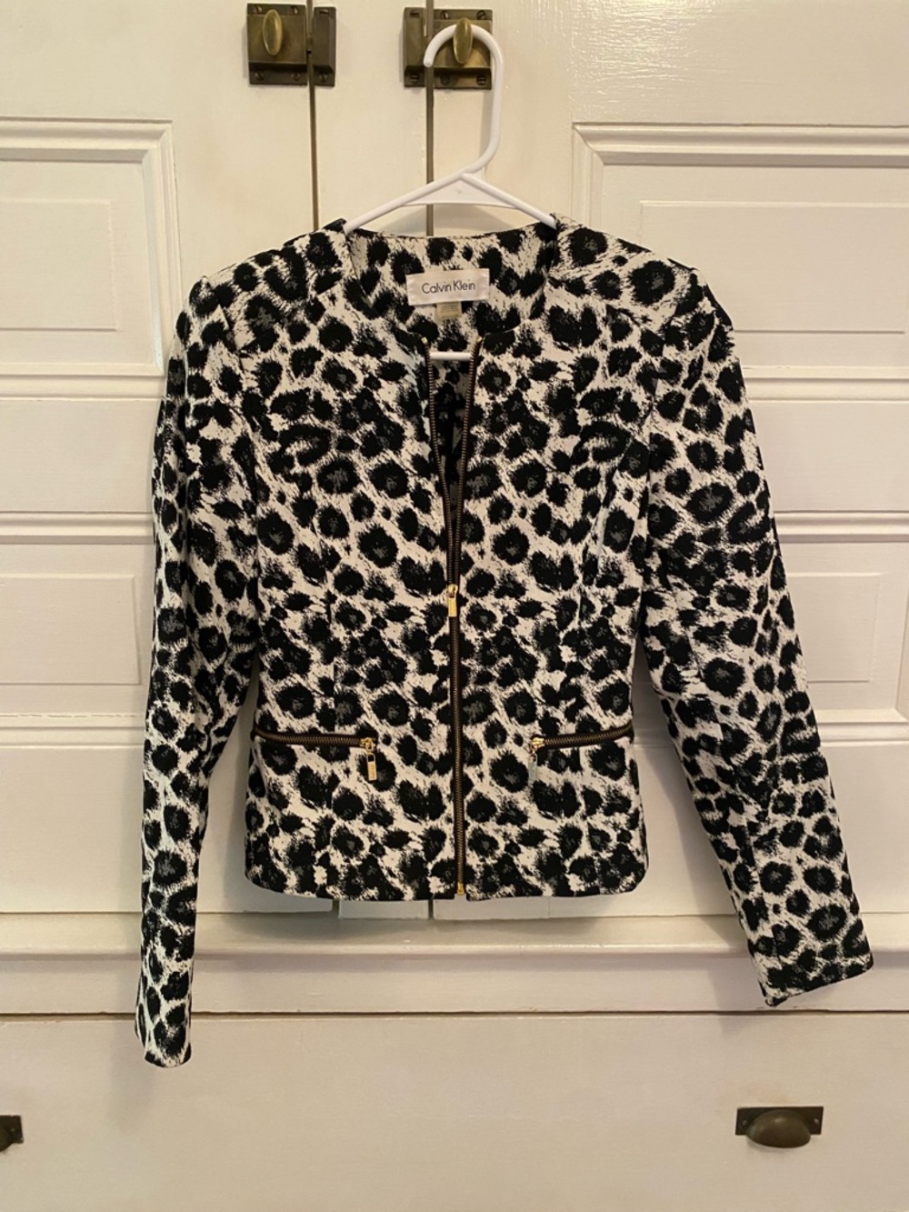 Calvin Klein Black and White Leopard-Print Zip Front Jacket